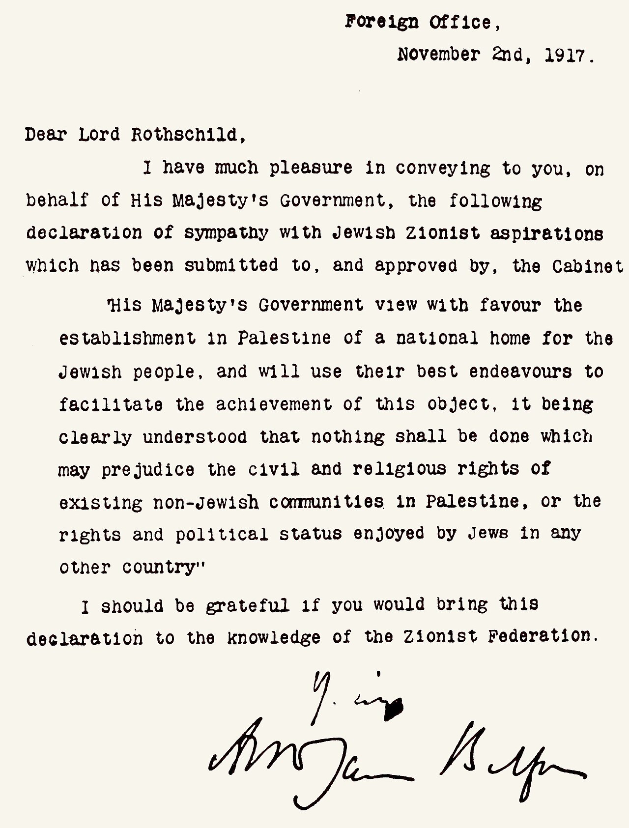 The Balfour Declaration, November 2, 1917 — the letter addressed to Lord Walter Rothschild expressing British government support for a Jewish homeland in Palestine. The document set in motion a chain of events whose consequences are still being written in blood across the Middle East, Eastern Europe, and the halls of Congress in Washington. The most influential letter of the 20th century was written on behalf of a diaspora community by an imperial power seeking to use Jewish political support as a wartime asset. Both the short-term calculation and the long-term consequences deserve honest reckoning. Photo: Wikimedia Commons